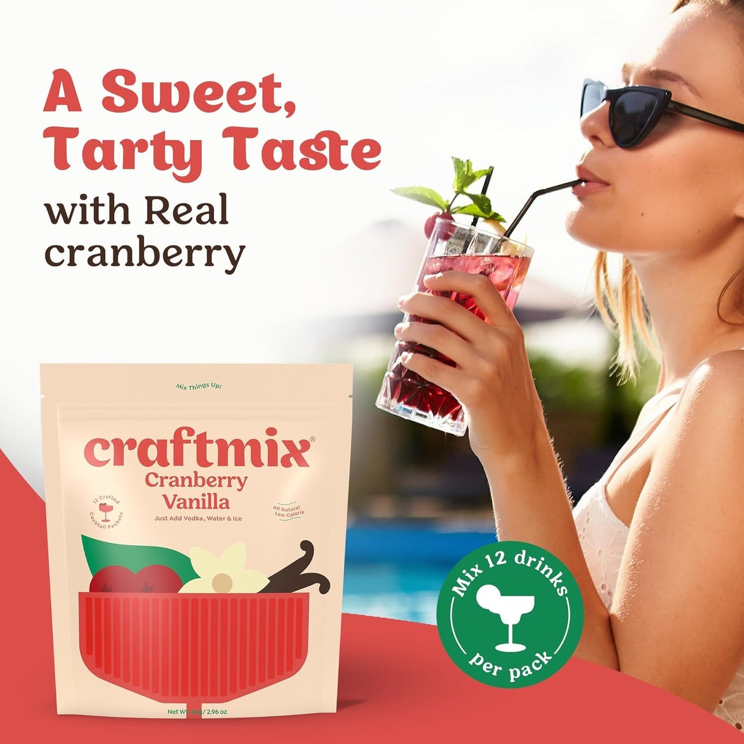 Craftmix Cranberry Vanilla Cocktail & Mocktail Drink Mixer, Skinny Mixes - Water Flavoring Packets - Made With Real Fruit - Vegan, Low-Carb, Low-Sugar, Non-Gmo, Dairy Free, Gluten Free, 12 Pack