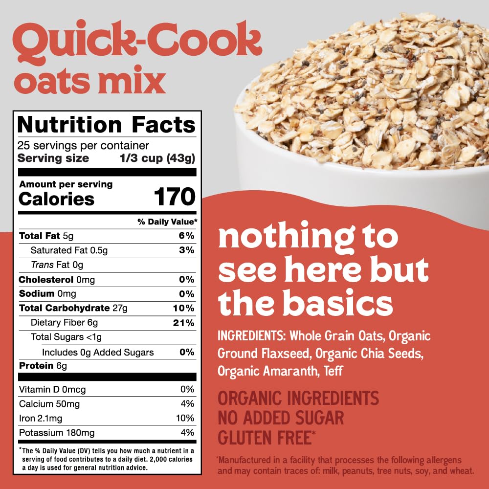 Easy Morning Quick Oats  Sugar Free Mix Of Organic Ingredients  Quick Rolled Oats, Chia Seeds, Flax Seeds, Amaranth, Teff  Pr