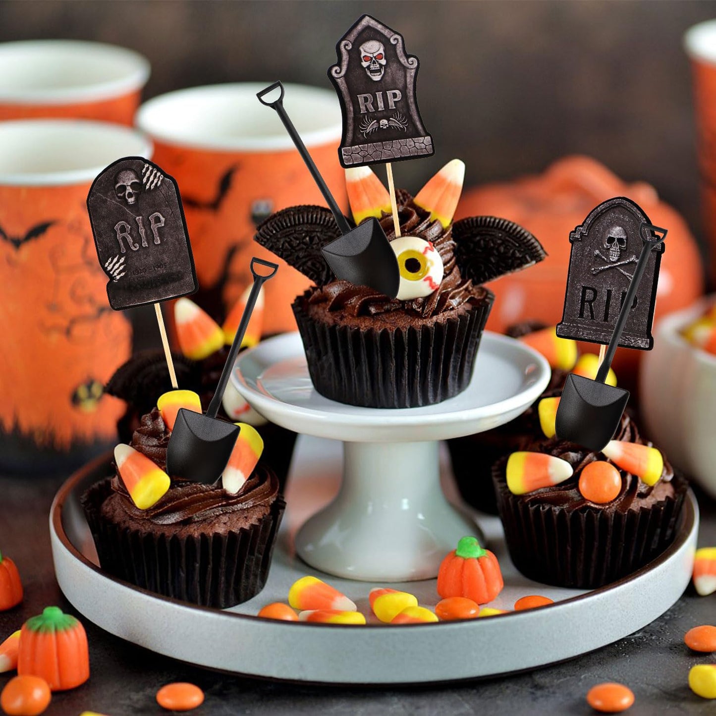 PEUTIER 32pcs Halloween Cupcake Toppers with Spoons - Tombstone Design, Black, Paper/Bamboo/Plastic, Model 01175
