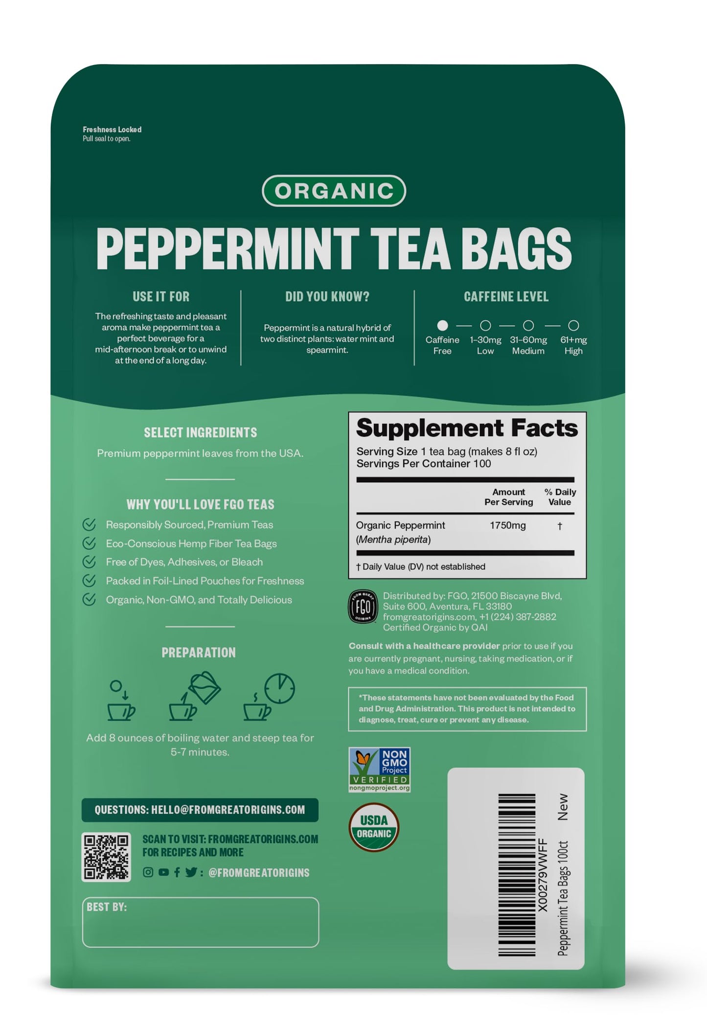 Fgo Organic Peppermint Tea, Eco-Conscious Tea Bags, 100 Count