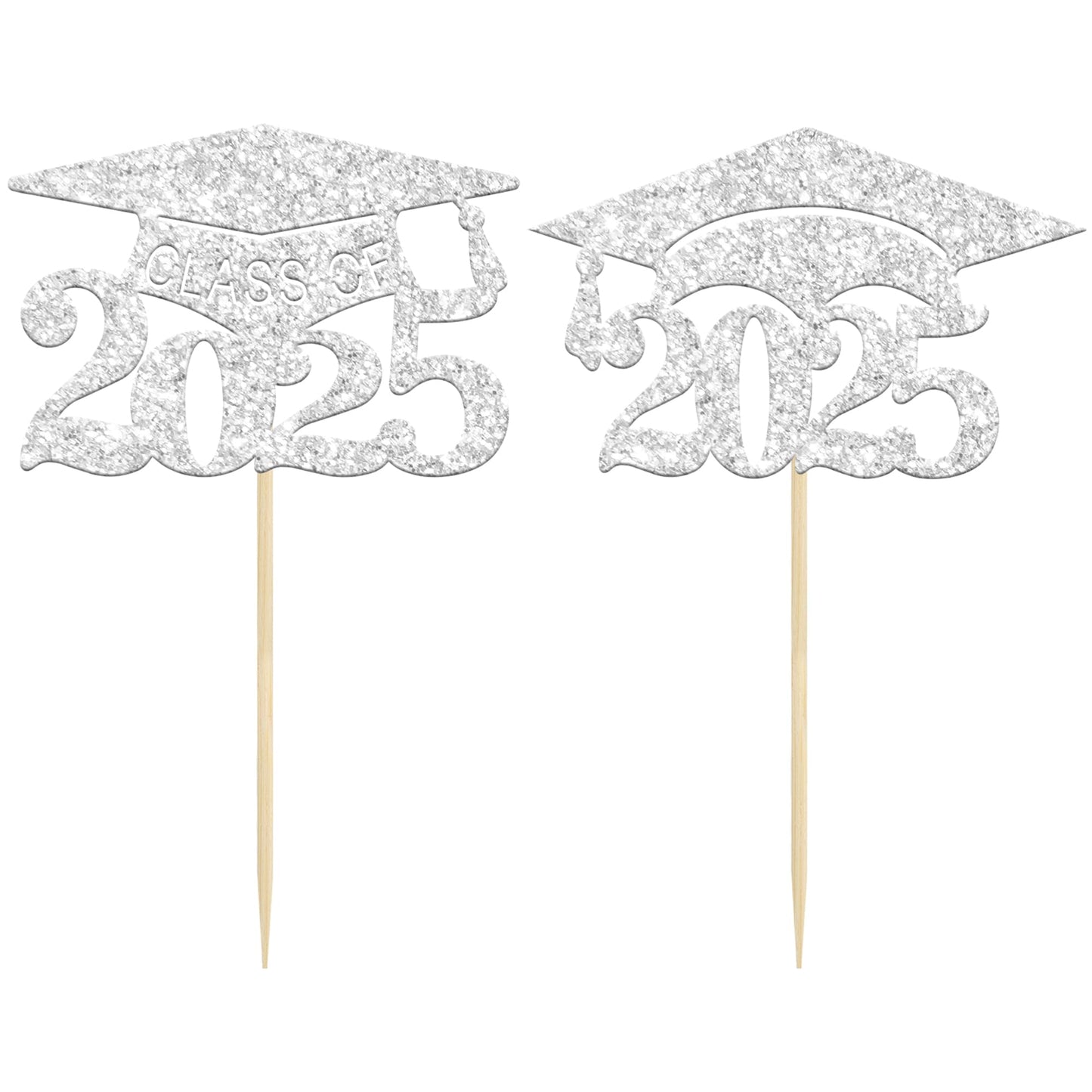 Gyufise 24 Pack 2025 Graduation Cap Cupcake Toppers 2025 Silver Glitter Class Of 2025 Cupcake Picks 2025 Graduation Theme Party