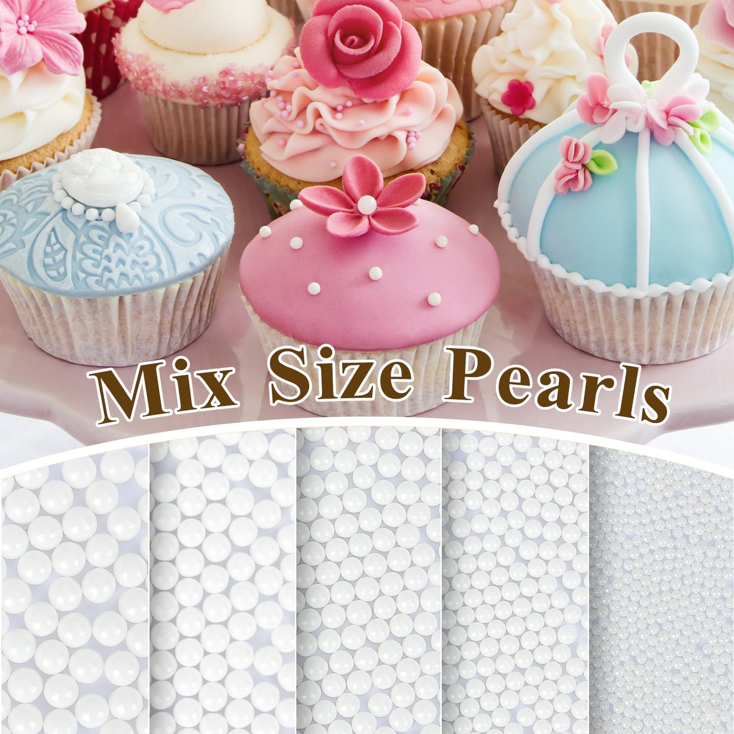 Twisweet White Pearl Sprinkles for Cake Decorating, Edible Sugar Pearls for Baking, Mix Size, Cake Topper Cupcake Cookie Ice Cre
