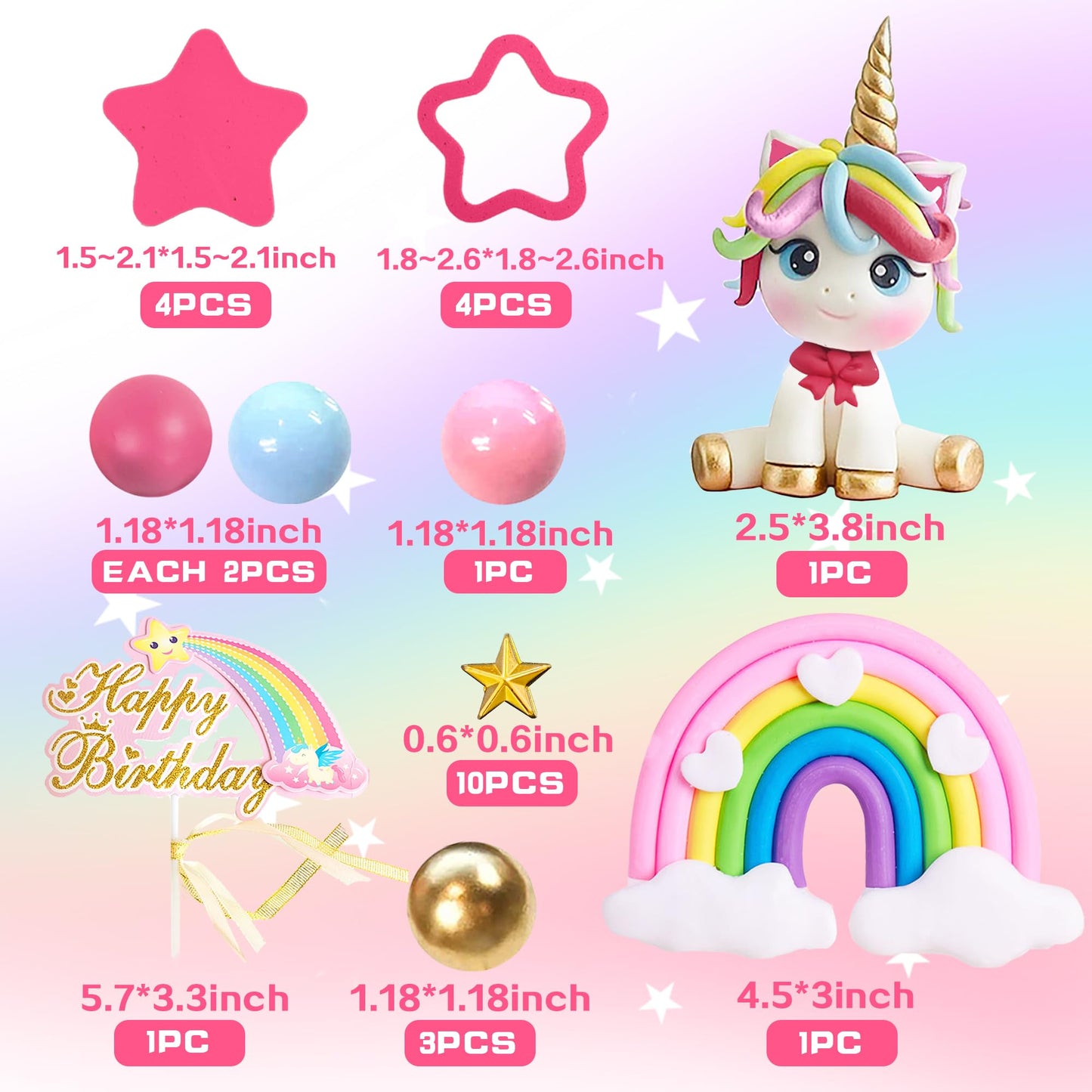 29 Pcs Unicorn Cake Topper, Unicorn Rainbow Cake Decorations With Rainbow Stars Unicorn Balls Happy Birthday Cake Decorations Fo