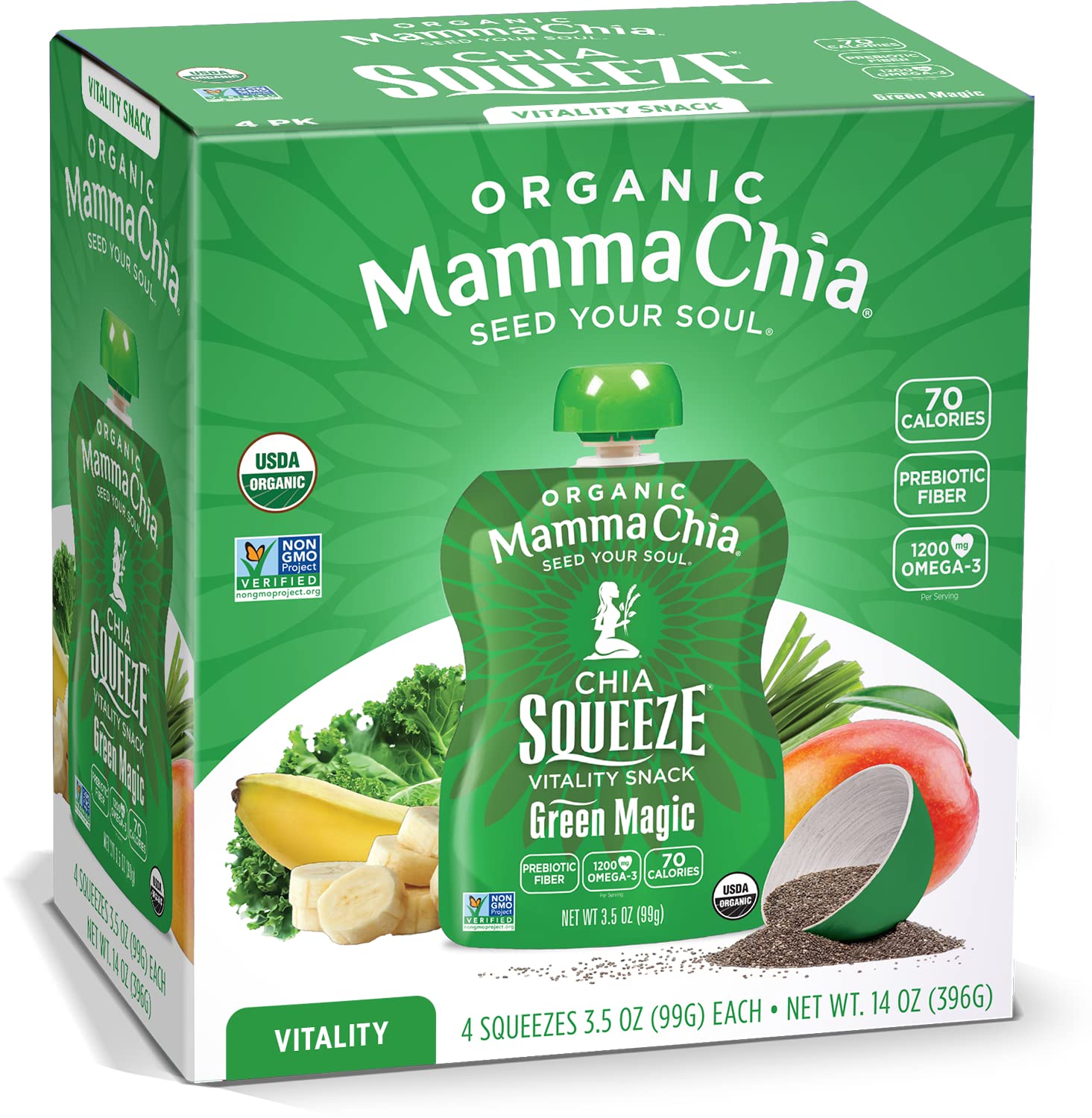 Mamma Chia Organic Vitality Squeeze Snack, Green Magic, 24- 3.05 Ounce Chia Snack. Usda Organic, Non-Gmo, Vegan, Gluten Free, An