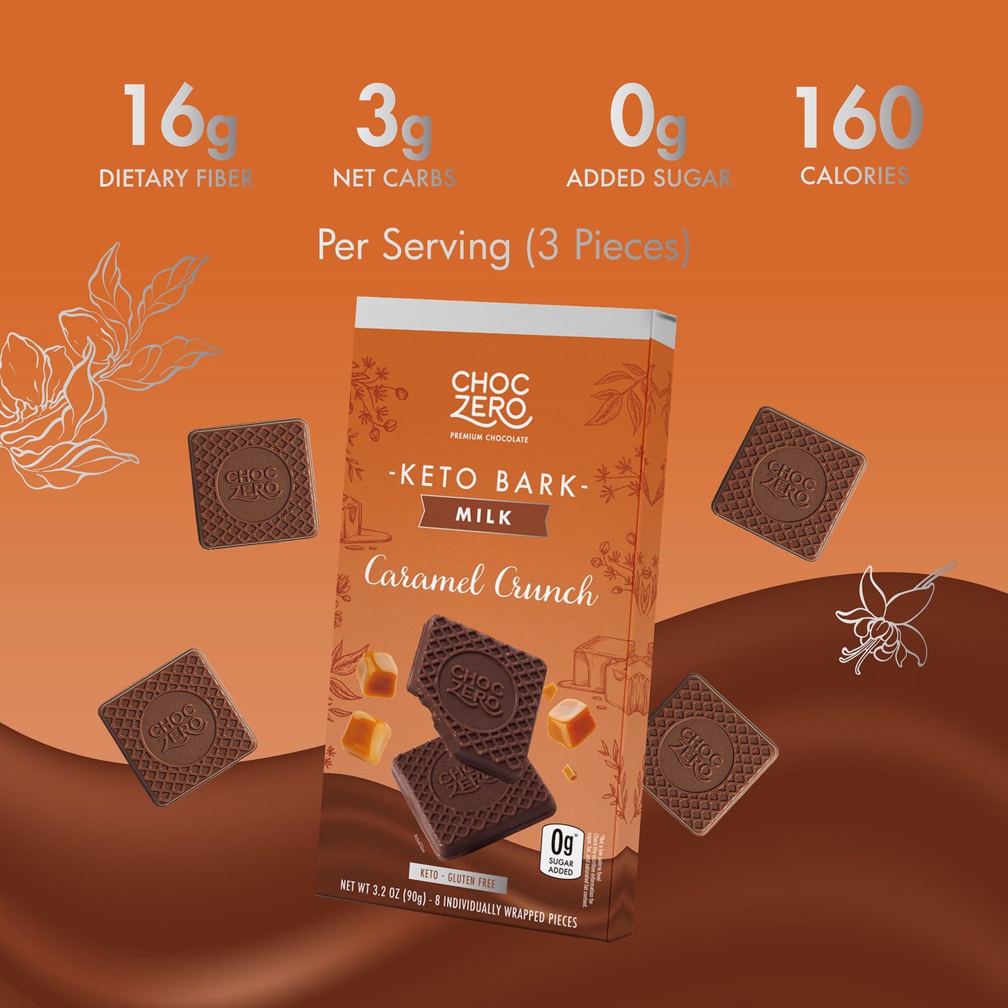 Choczero Caramel Crunch Keto Bark, Milk Chocolate, No Added Sugar, Gluten Free, Low Carb, 3.2 Ounce (Pack Of 4)