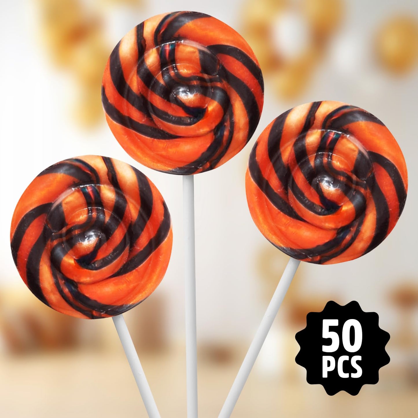Orange and Black Swirl Lollipops  Pack of 50 Pieces Suckers Individually wrapped  Ideal Lollipops Bulk Supply for Candy Buffets  Vibrant Swirl Suckers for Easy Sharing