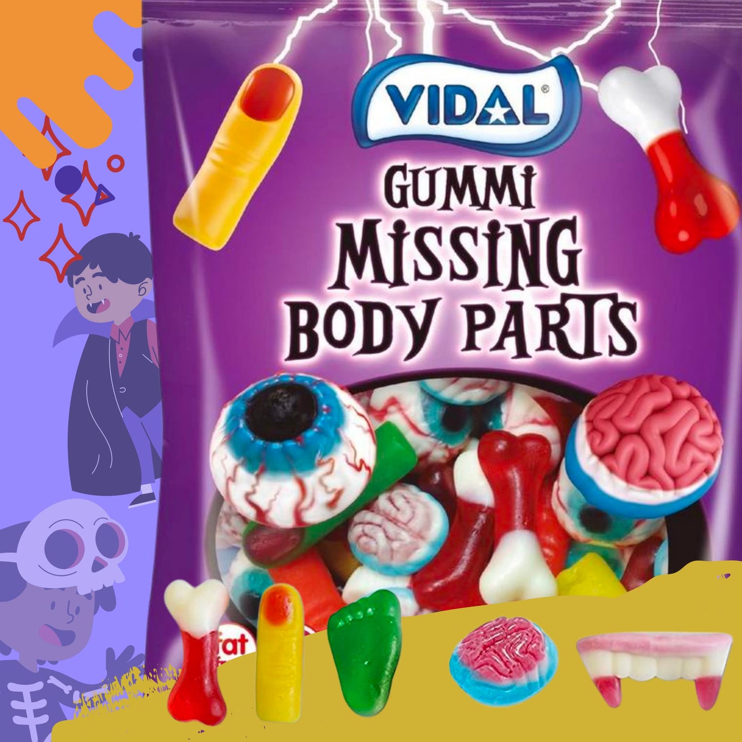 Spooky Gummy Body Parts, Individually Bagged Candies, Freaky Halloween Candy, Pack Of 3, 4.5 Ounces