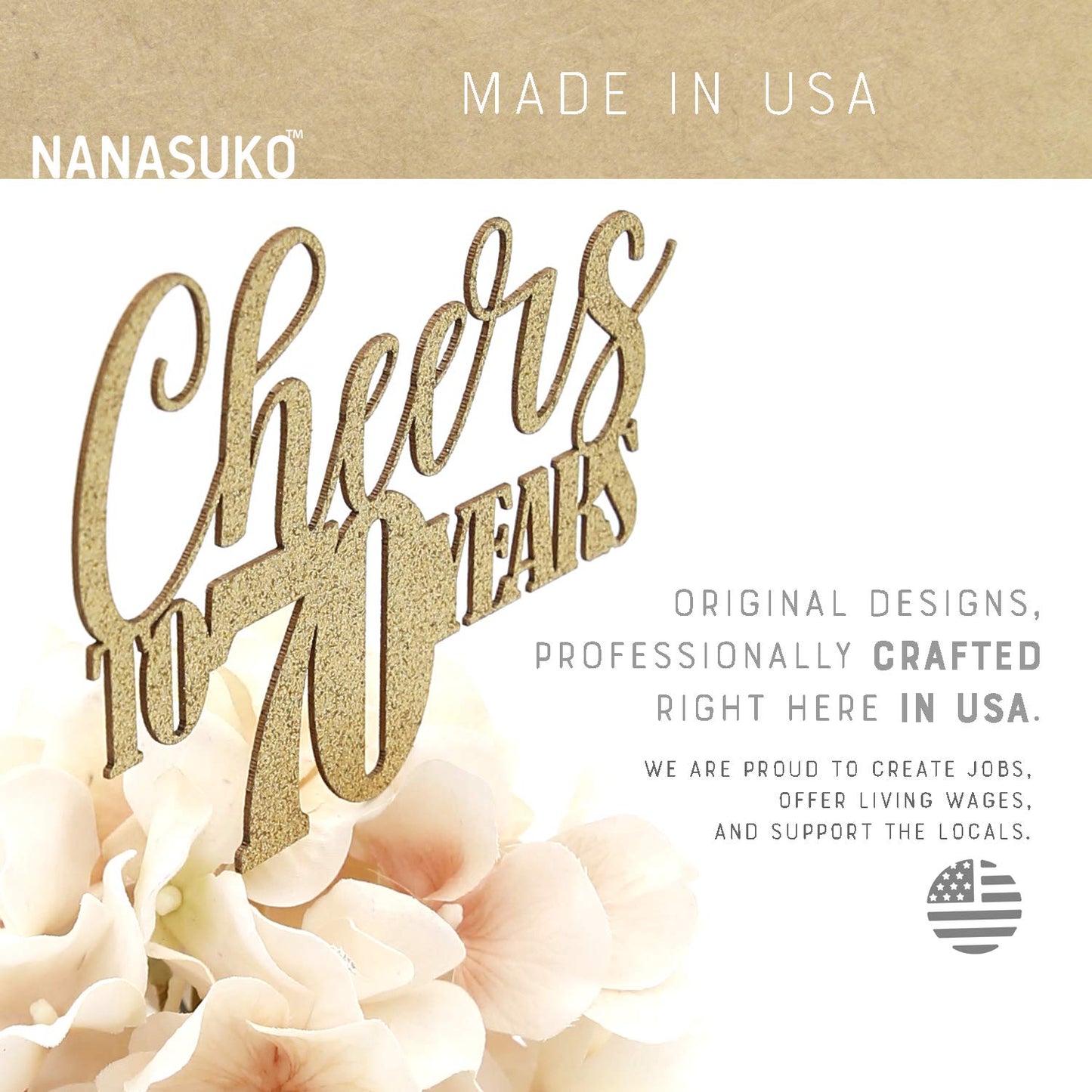 Nanasuko 70Th Birthday Cake Topper - Cheers To 70 Years - Double Sided Gold Glitter, Premium Quality Made In Usa