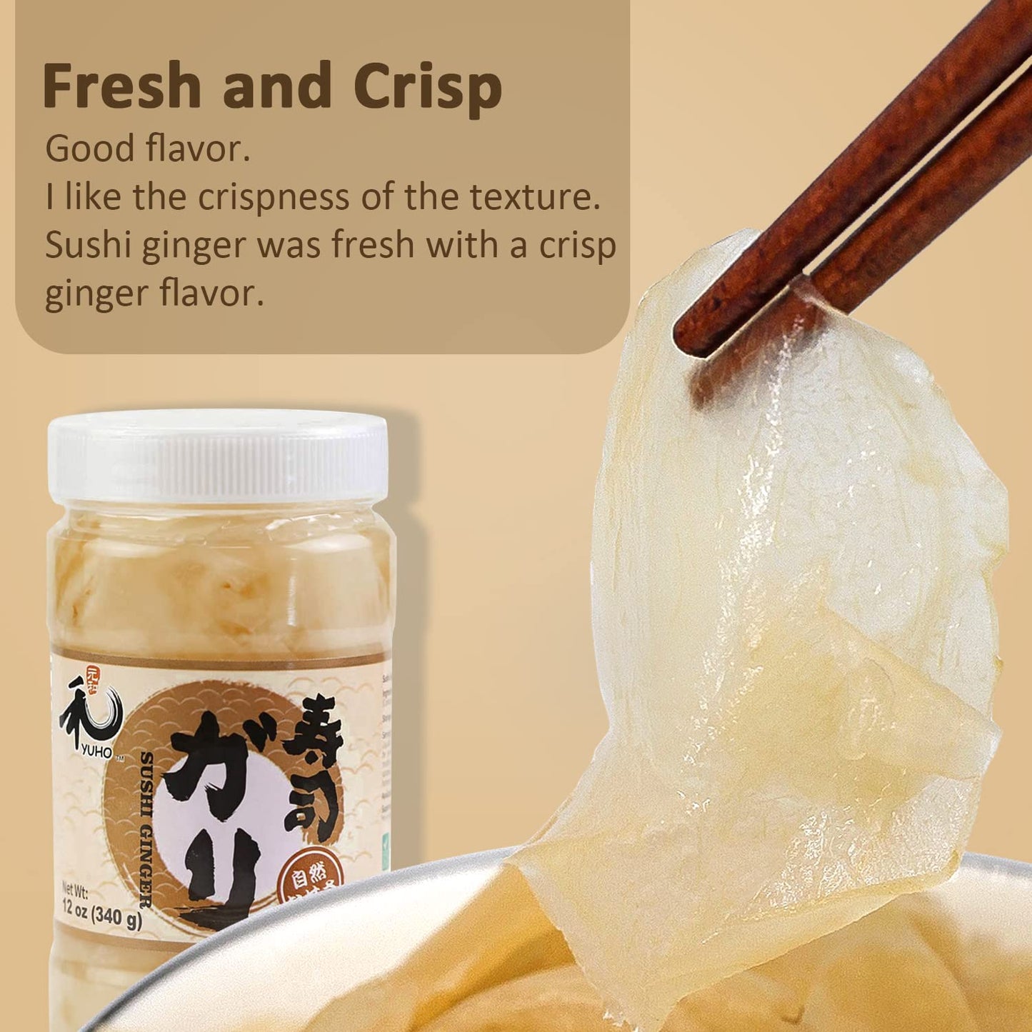 YUHO Pickled Sushi Ginger, Japanese White Gari Sushi Ginger Fat Free, Sugar Free, Kosher, BRC, No MSG, Low cal 12 oz