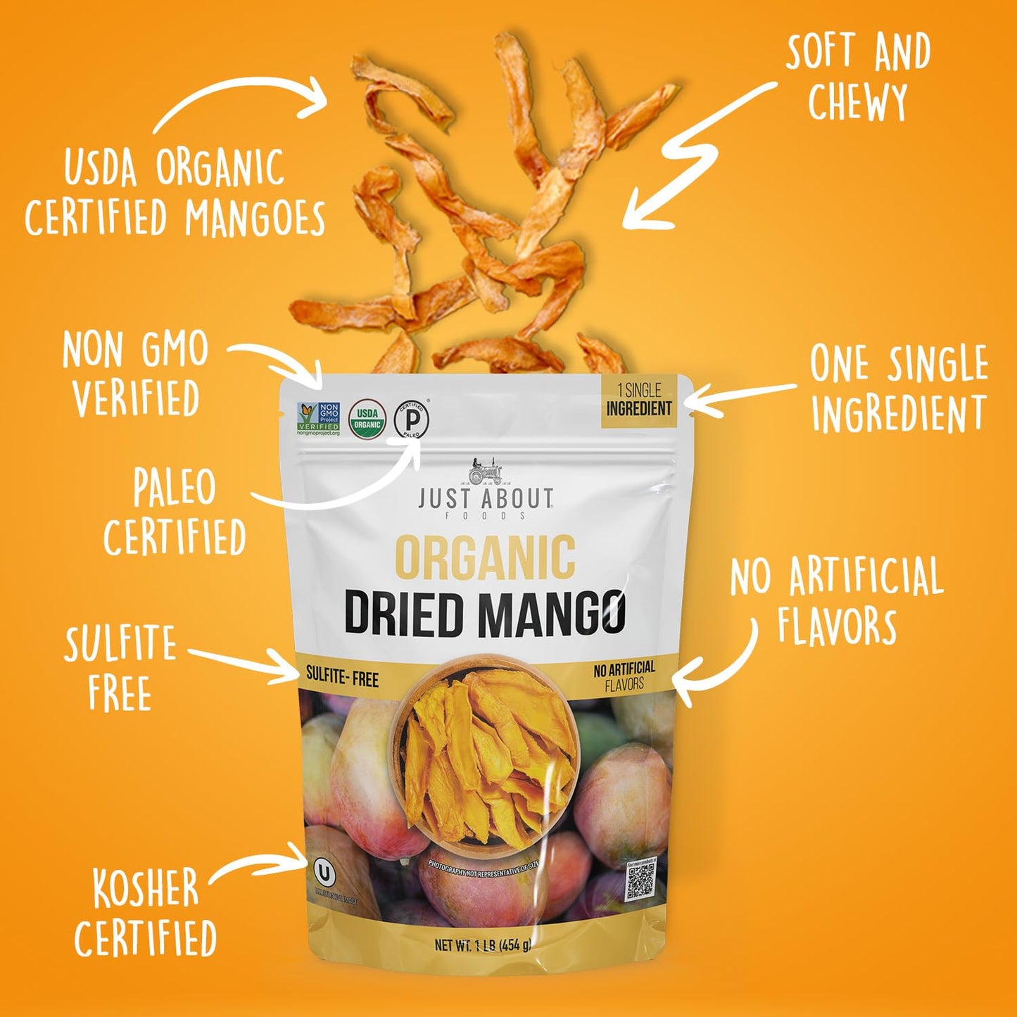 Dried Mango Slices - Juicy & Delicious, No Added Sugar, Non-GMO, Healthy Snack, Bulk Resealable Bag, 1 lb. Just About Foods Sing