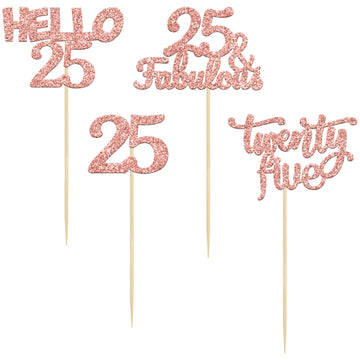 Gyufise 24Pcs Rose Gold Glitter 25Th Birthday Cupcake Toppers 25 Fabulous Cupcake Picks Hello 25 Twenty Five Cupcake Picks For 2