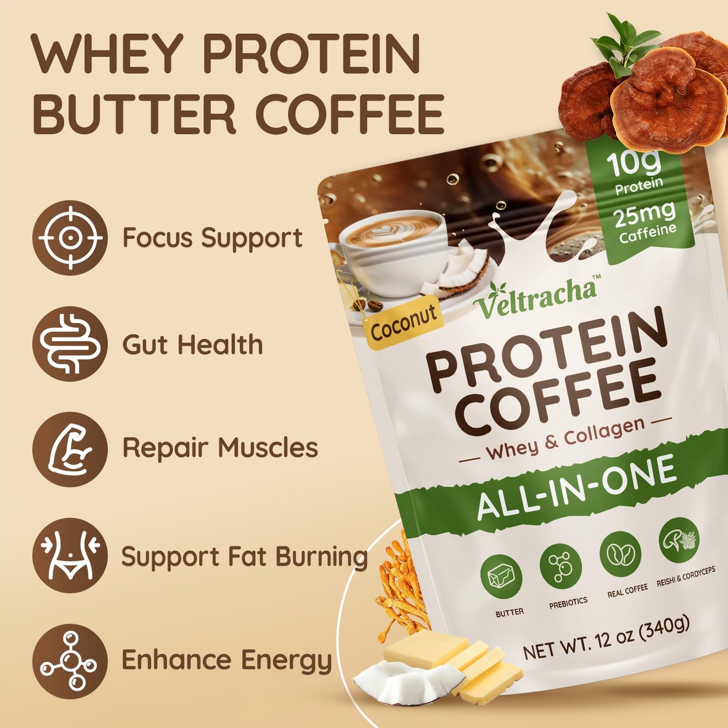 Veltracha Grass Fed Whey Protein Coffee - 10g Protein, 0g Sugar, 12 Ounce
