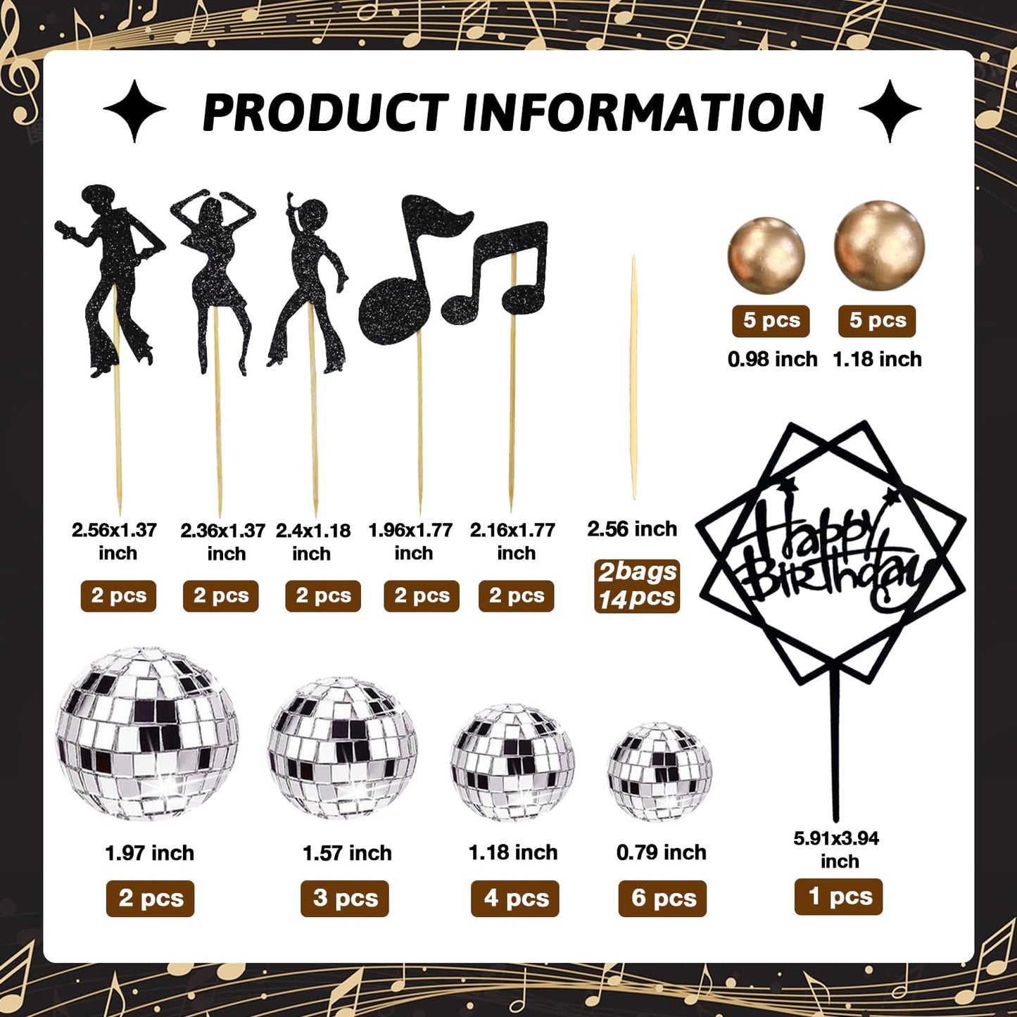 36Pcs Disco Ball Cake Toppers Music Dancing Themed Cake Cupcake Decorations Gold Balls Cake Toppers With Mirror Balls For 70S 80