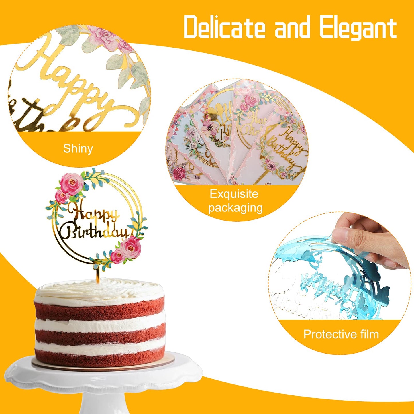 6 Pieces Happy Birthday Cake Toppers Gold Flower Acrylic Cake Toppers Acrylic Cupcake Topper For Various Birthday Party Annivers