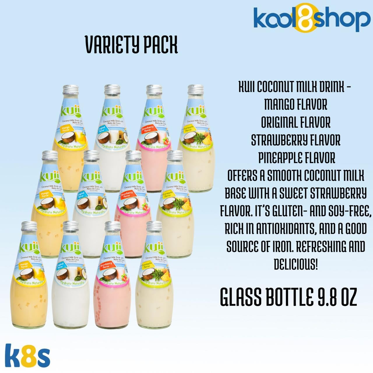 Kuii Variety Pack Coconut Milk Drink 9.8 fl oz Glass Bottle 12 Pack + 15 Sugarcane Disposable Straws by Kool8shop Infinite Deals
