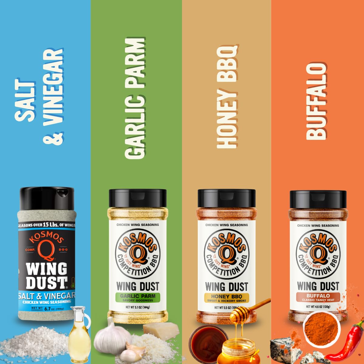 Kosmos Q Ultimate Chicken Wing Christmas Box, Includes Buffalo, Honey Bbq, Garlic Parmesan, And Salt & Vinegar, Seasoning Gift Set For Chicken, Popcorn, Fries, & More, Christmas Gifts, Gifts For Men