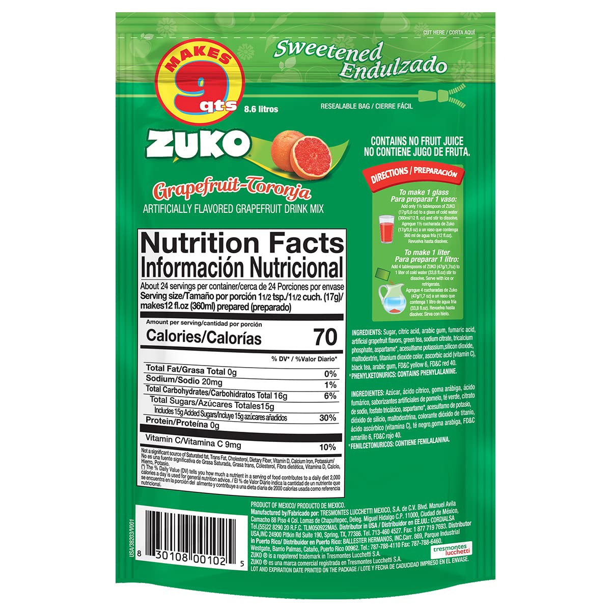 Zuko Grapefruit Instant Powder Drink | Family Pack | No Sugar Needed | Vitamin C | 14.1 Ounce (Pack of 6)