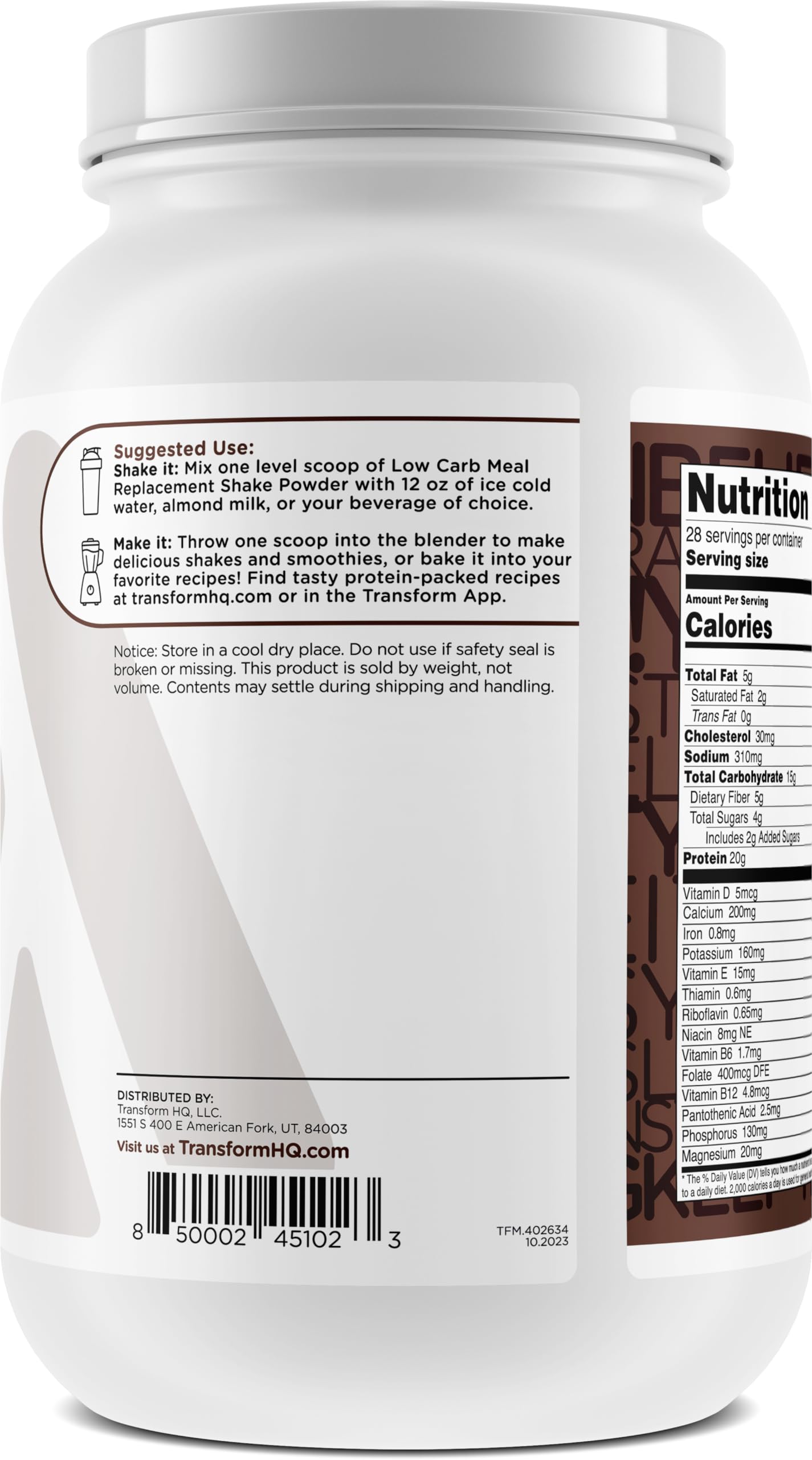 TransformHQ Meal Replacement Shake Powder - Cookies & Cream Flavor, 41.6 oz, Non-GMO, Model TFM-15084