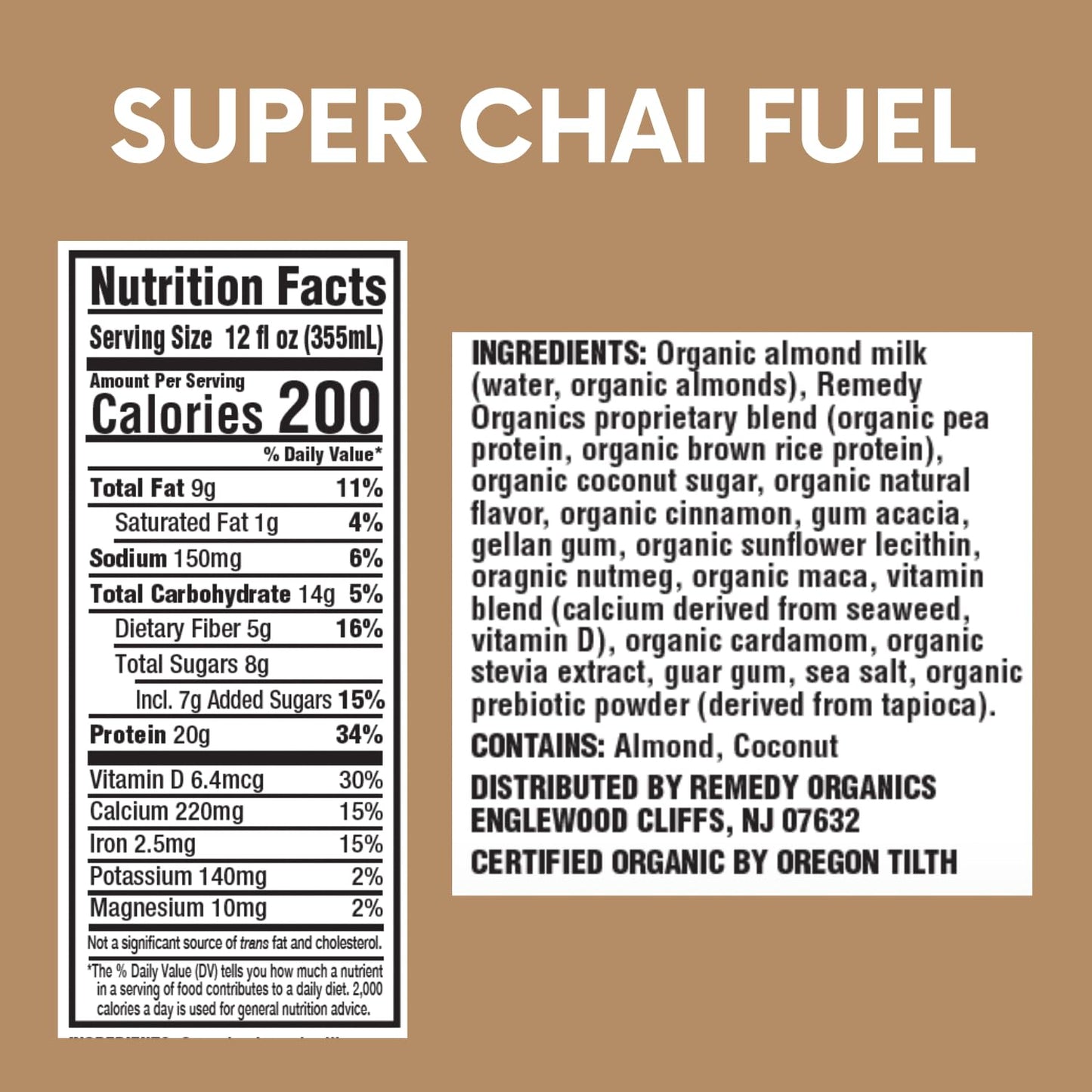 Remedy Organics Super Chai Fuel 12-Pack | Plant Based 20G Protein Shakes, Ready To Drink | Usda Organic, Gluten Free, Dairy Free, Soy Free