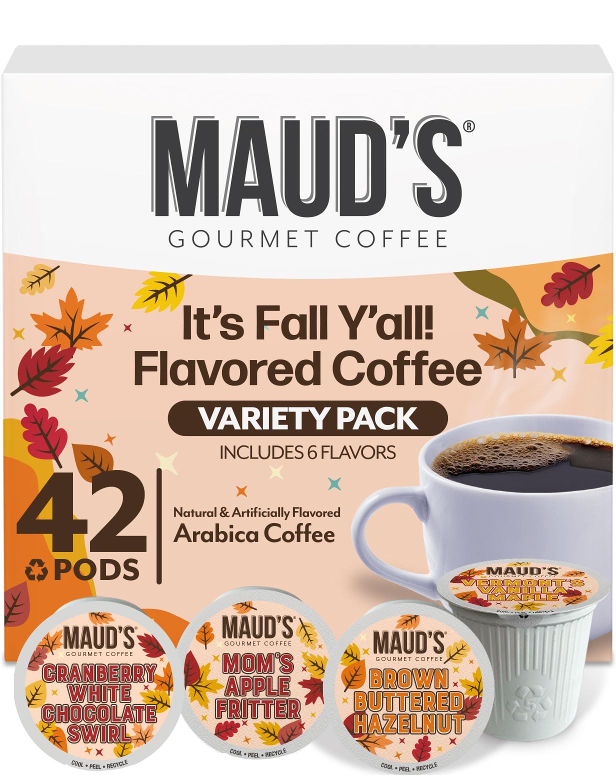 Mauds Fall Flavored Coffee Pods Variety Pack  42ct  6 Assorted Flavors  Medium Roast Coffee in Recyclable Single Serve Pods - 100% Arabica Beans  Compatible with Keurig K Cups Maker