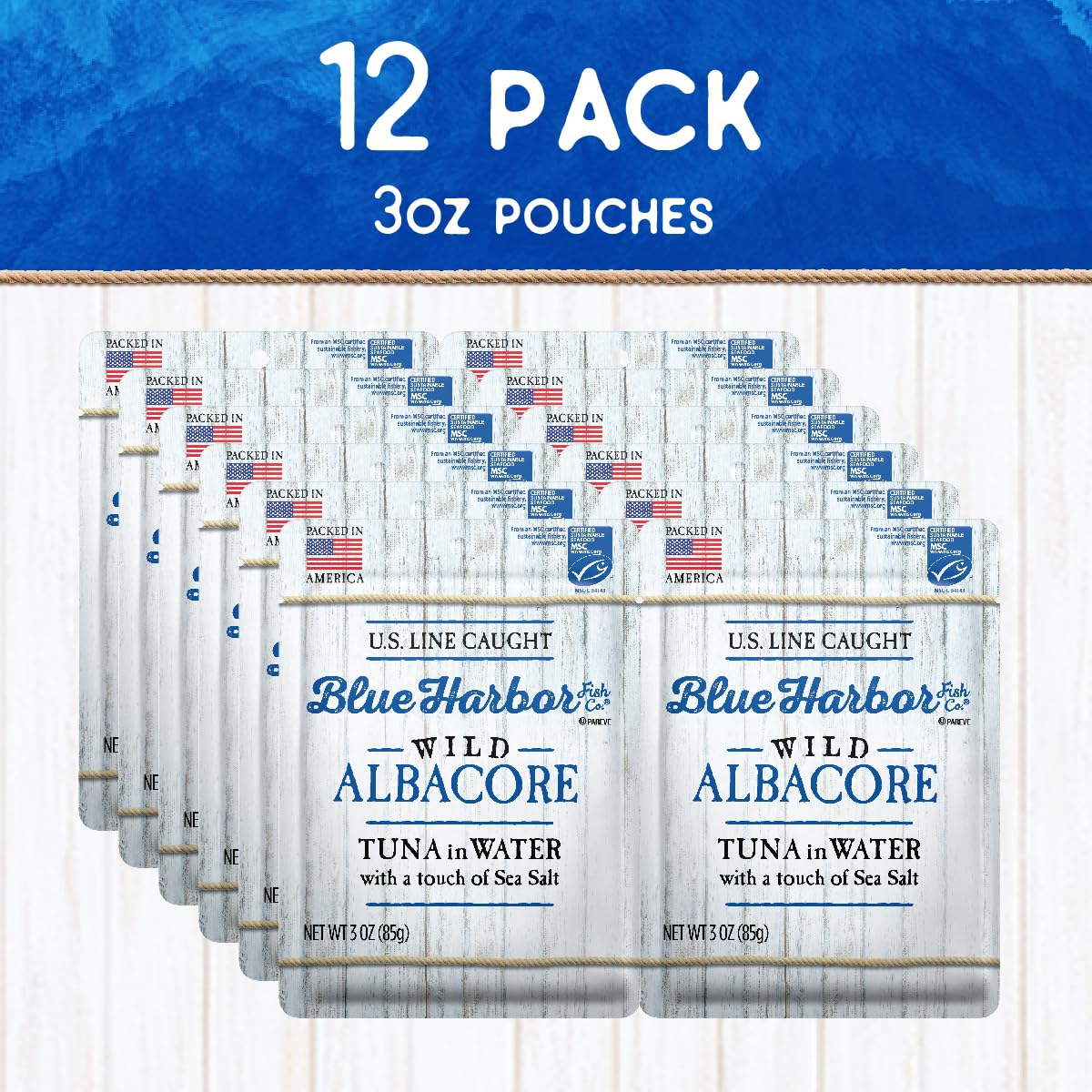 Blue Harbor Fish Co. Wild Albacore Tuna in Water with Sea Salt - 3 oz Pouch (Pack of 12)