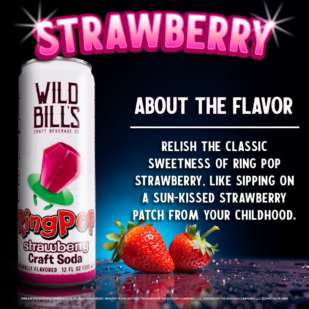 Wild Bills Strawberry Ring Pop Craft Soda – Pure Cane Sugar, Caffeine Free, Vegan – 12 Oz Cans, 12 Pack