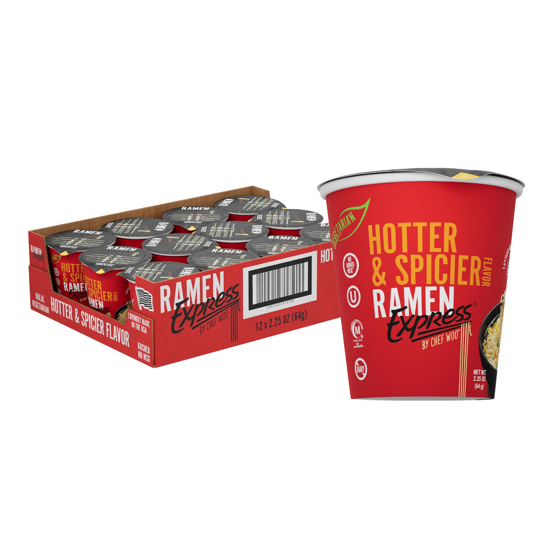 RAMEN EXPRESS Hotter and Spicier Flavor Ramen Cup Noodle, 2.25 Oz Each (Pack Of 12) by Chef Woo | Vegetarian Ramen Noodles | No 