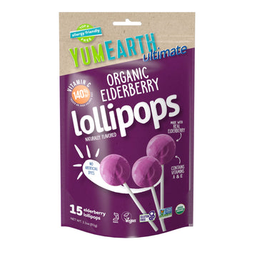 Yumearth Ultimate Organic Elderberry Pops, 15 Count, Allergy Friendly, Gluten Free, Non-Gmo, Vegan, No Artificial Flavors Or Dye