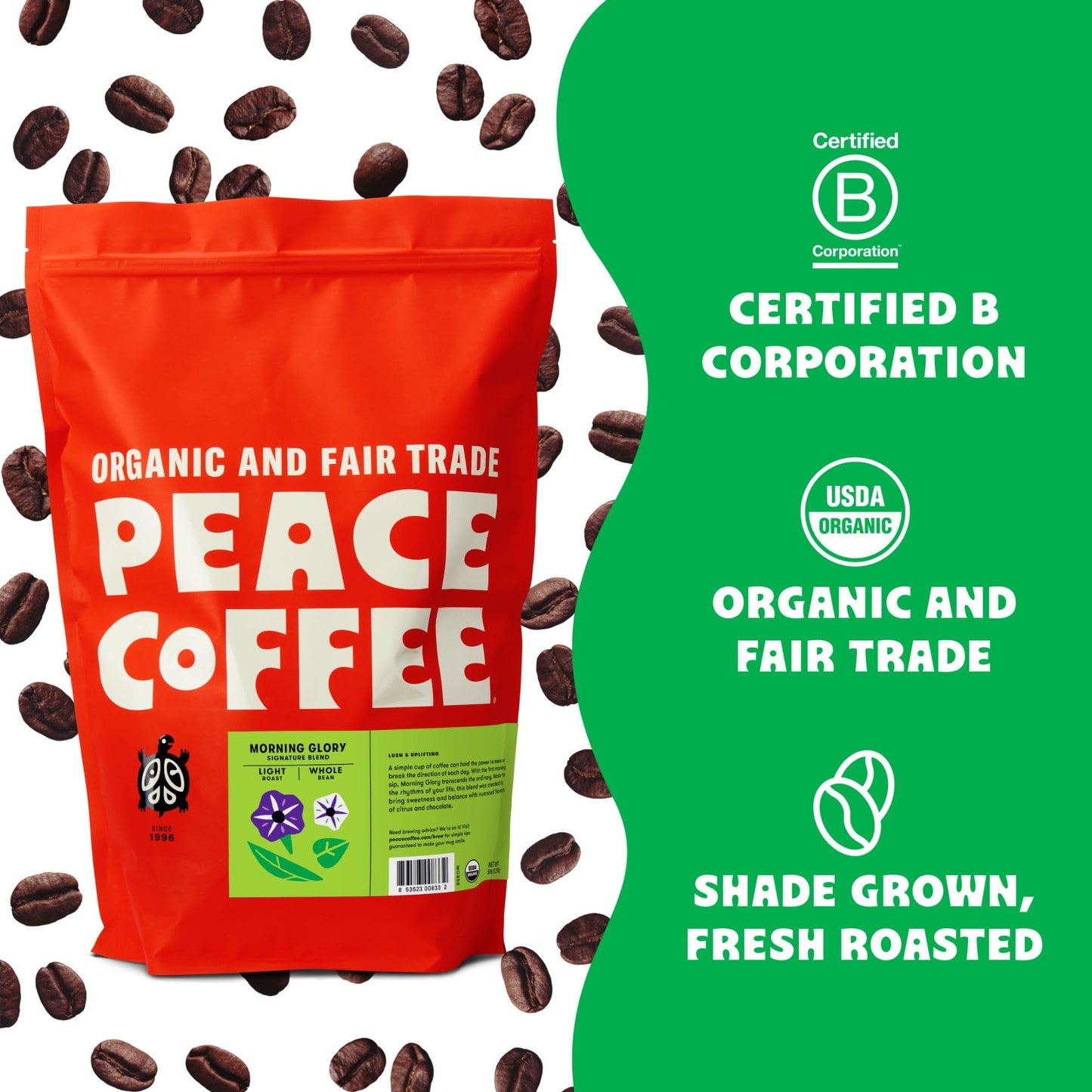 Peace Coffee Morning Glory Signature Blend | 5 Lb Whole Bean Light Roast | Organic Fair Trade | Smooth, Mild Flavor | Shade Grow