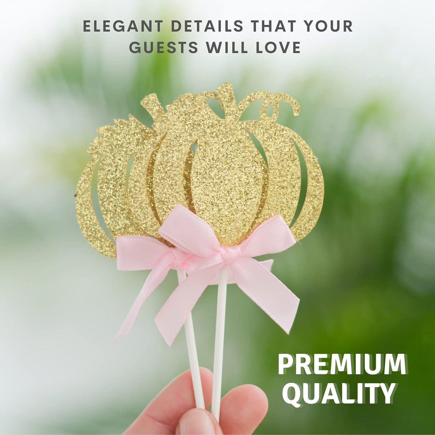 Bestus Little Pink Pumpkin Cake Topper Set, 25pcs, Glitter Cardboard, Gold & Pink for Birthday, Baby Shower, Halloween, Thanksgiving