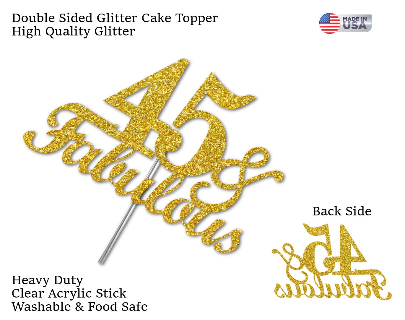 RokAPary 45 & Fabulous Cake Topper, Gold Glitter, Premium Acrylic, Model RCTF