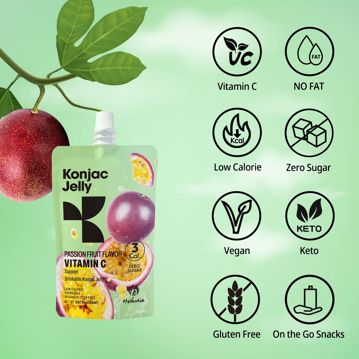 Hethstia Konjac Jelly Passion Fruit, 10 Pouches Sweet Fruit Drinkable Jello, 3 Calories, Sugar Free, Vitamin C, Keto, Vegan, Glu