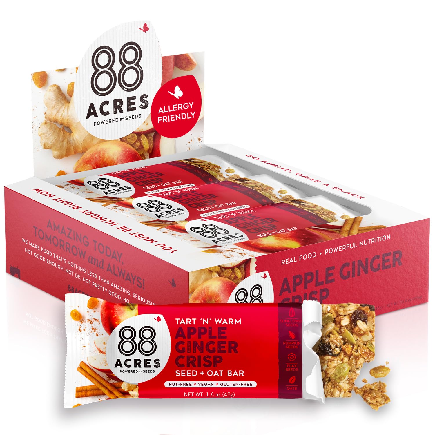 88 Acres Granola Bars - Apple Ginger Crisp, Gluten Free, Nut-Free, Vegan, 12 Pack (1.58 oz each)