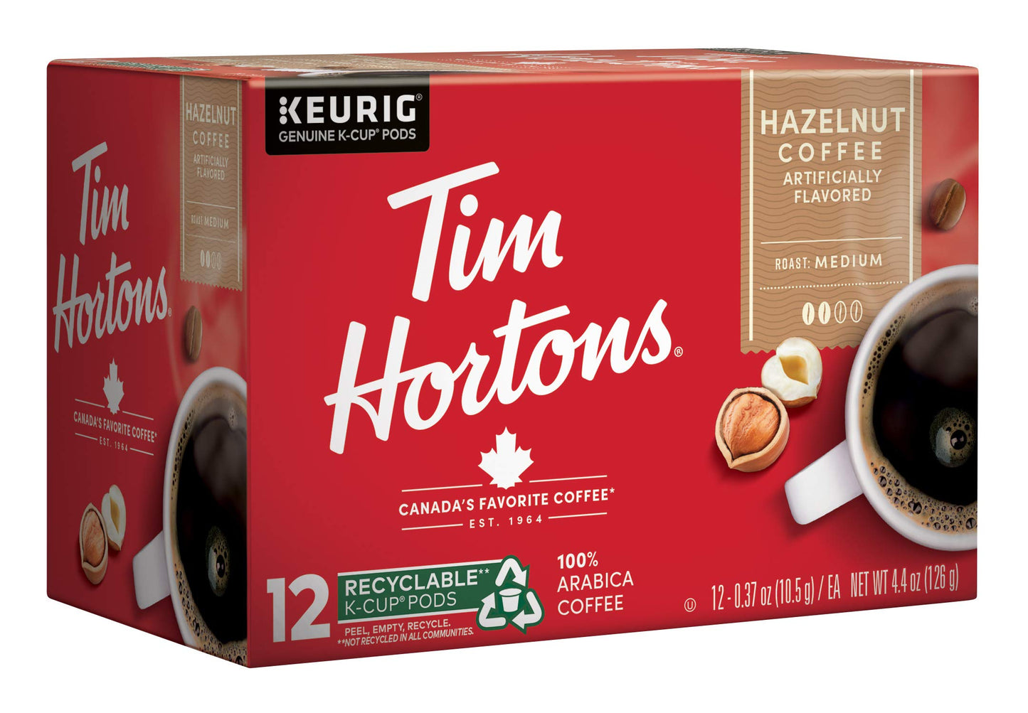 Tim Hortons Hazelnut Flavored Medium Roast Coffee K-Cup Pods 72ct, 12 Count (Pack of 6), Red, Model MP261