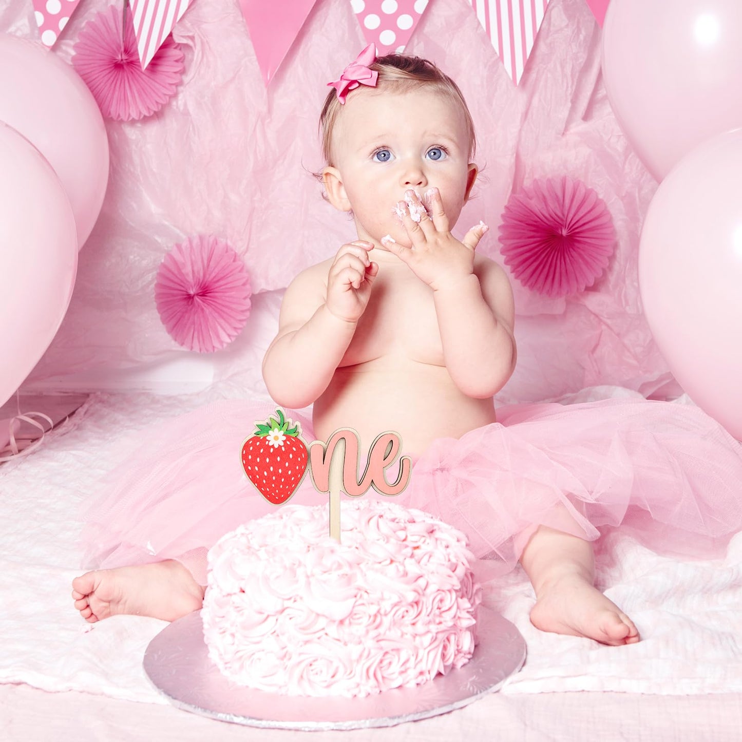 PEUTIER Wooden Strawberry Cake Topper - Pink - 6.3 x 7.5 inches - Model 13113 - Perfect for First Birthday and Baby Shower Parties