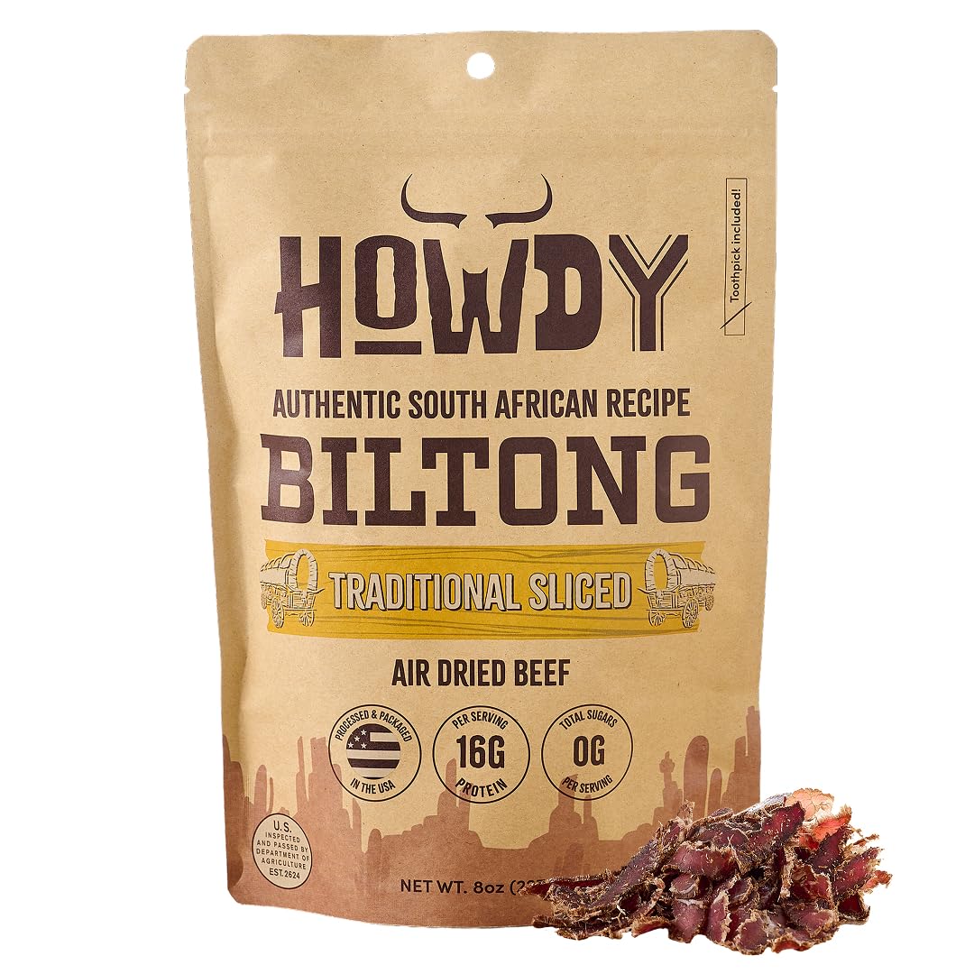 Howdysnax Handcrafted Authentic Small Batch Beef Biltong Traditional Slices 8oz. Sugar Free Paleo Keto Friendly High Protein Jer