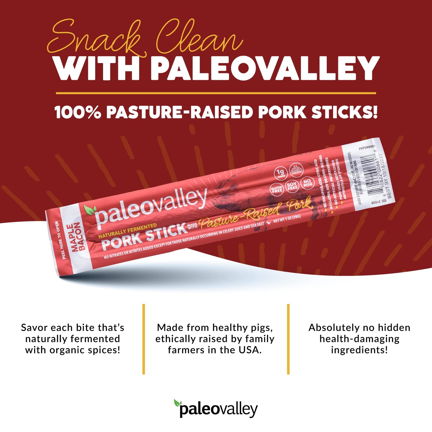 Paleovalley Pasture-Raised Pork Sticks - Maple Bacon Flavor Meat Sticks Individually Wrapped, 28G - 10 Sticks - Gluten-Free Prot