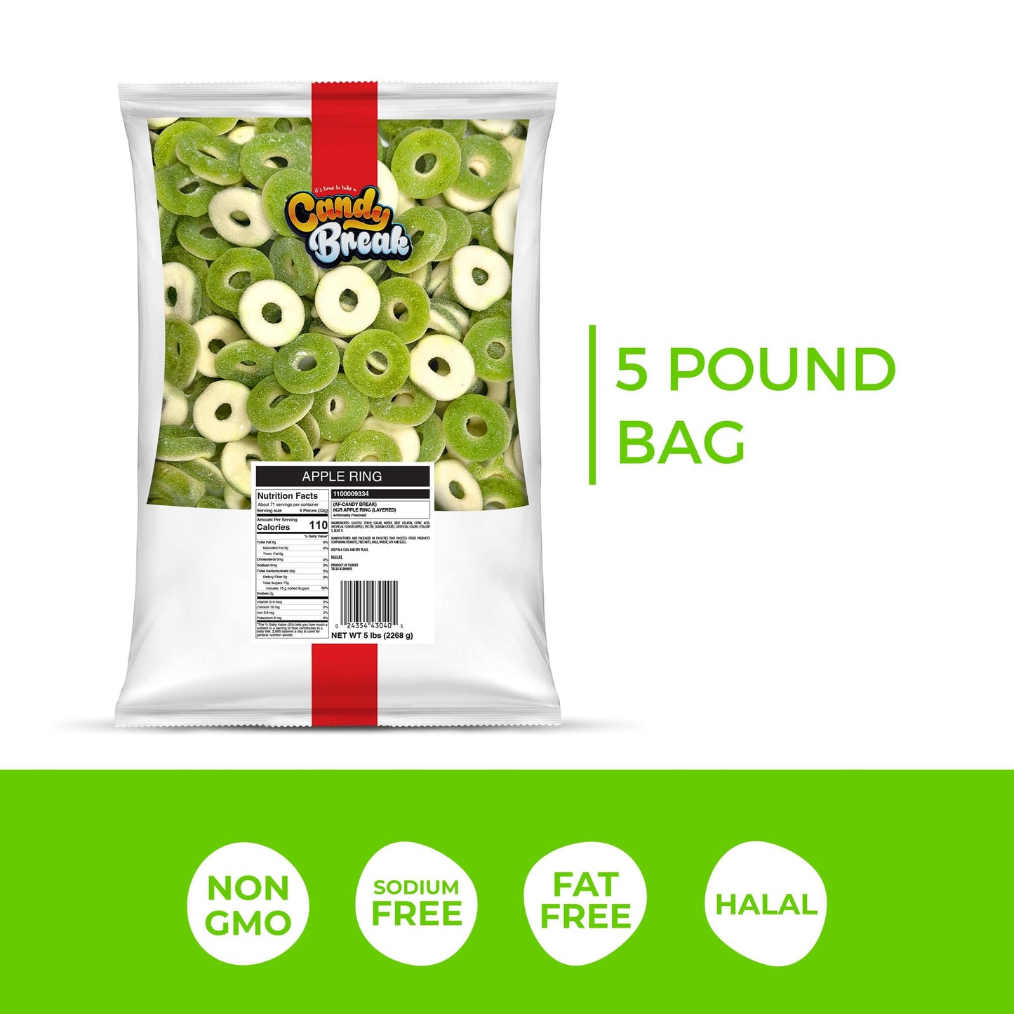 Candy Break Fruity Sweet Apple Rings Bulk Gummy Candy, 5 Lbs Bag, Share Size Bags - Sweet & Chewy Snacks For Kids & Grown Ups, P