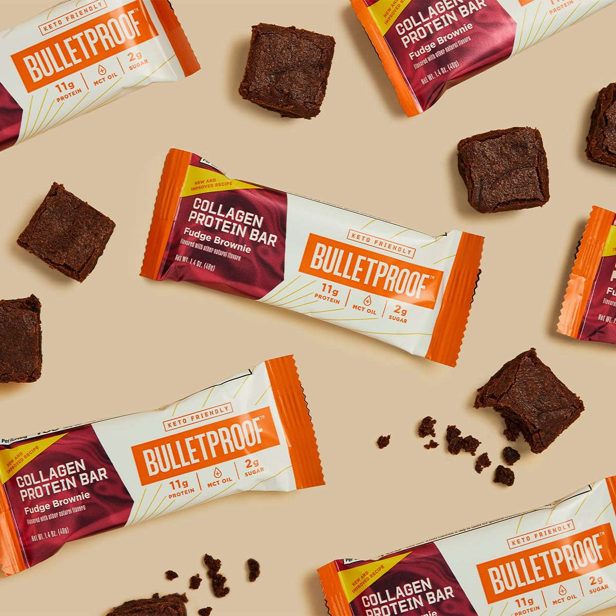 Bulletproof Fudge Brownie Collagen Protein Bars, Pack of 12, Keto-Friendly Snack with MCT Oil