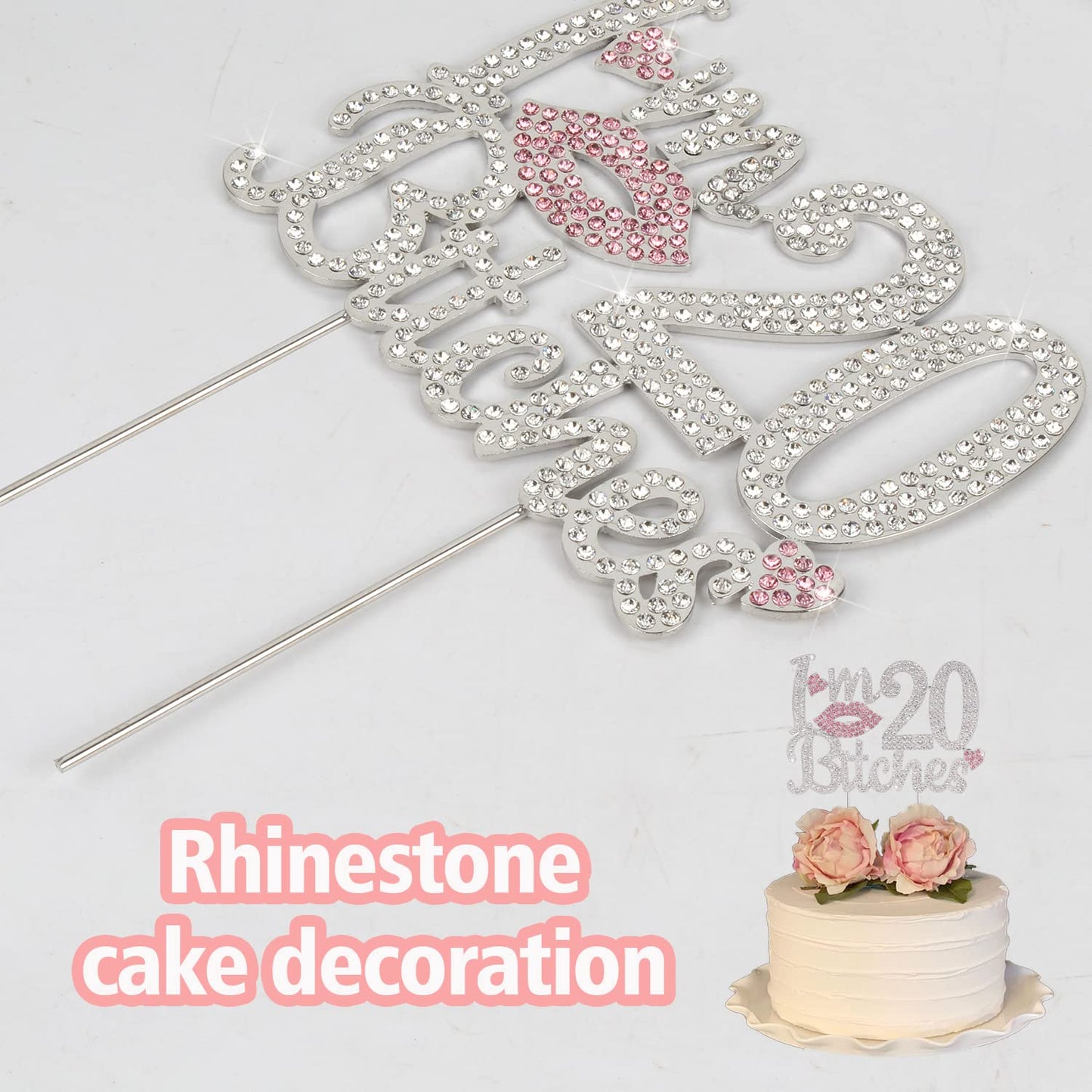 Laskyer I'M 20Th Funny Birthday Pink Rhinestone Cake Topper - Happy 20Th Birthday Cheers To 20 Years Old Twenty Bday Party Metal