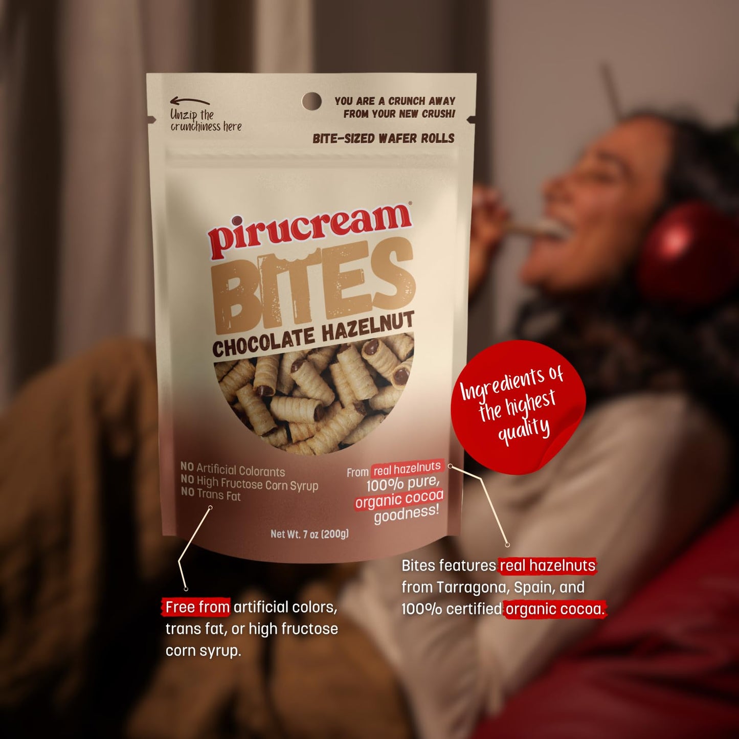 Pirucream Bites Wafer Rolls Bundle - 12 Pack Chocolate Hazelnut Filled Crispy Rolled Wafers Snack Sticks Perfect For Sweet Snack