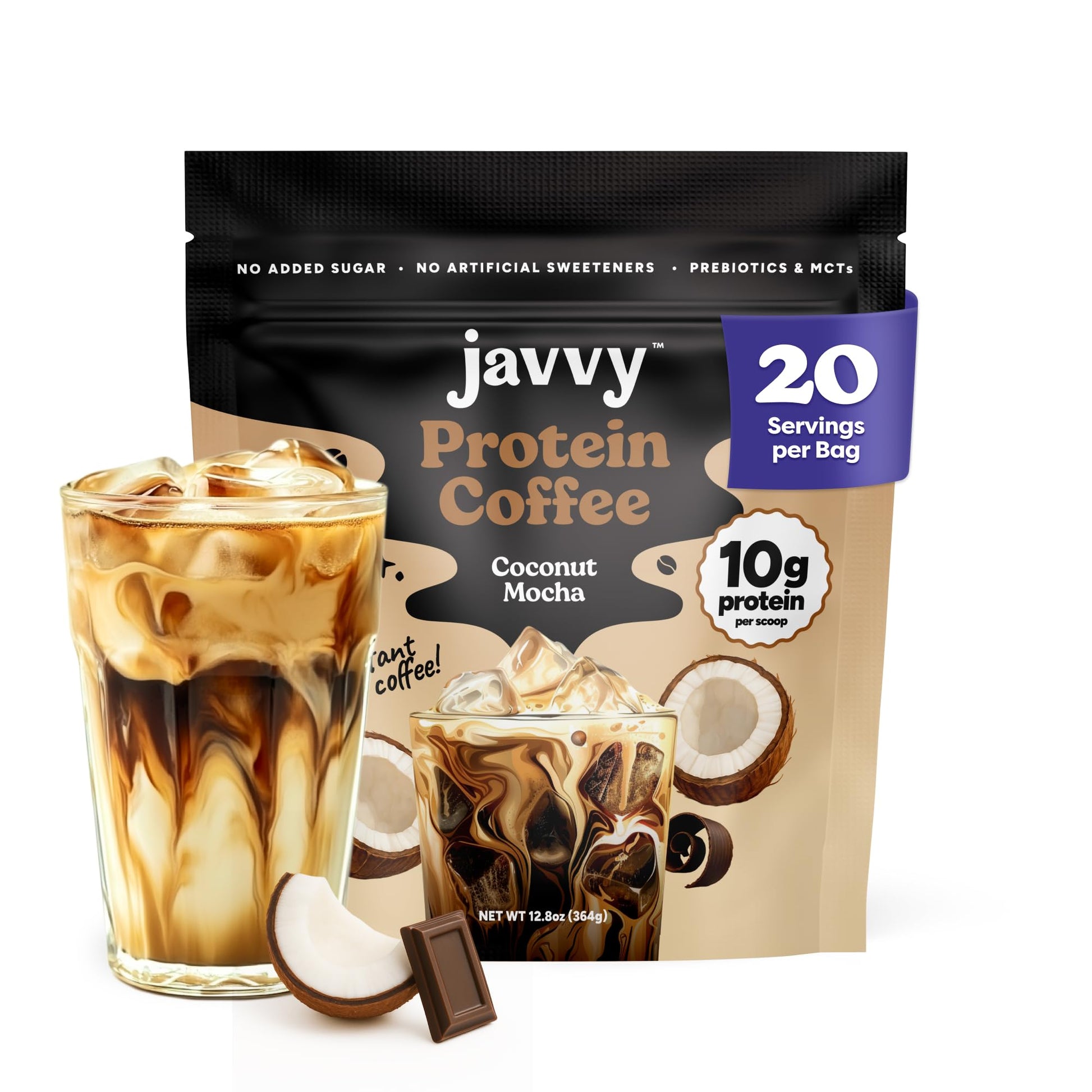 Coconut Mocha Protein Iced Coffee - Top-Grade Whey Protein & Instant Iced Coffees - 100% Natural Cold Brew Coffee - Zero Artificial Flavors & Sweeteners  80 Mg Energy Blend  0G Of Sugar  20 Servings