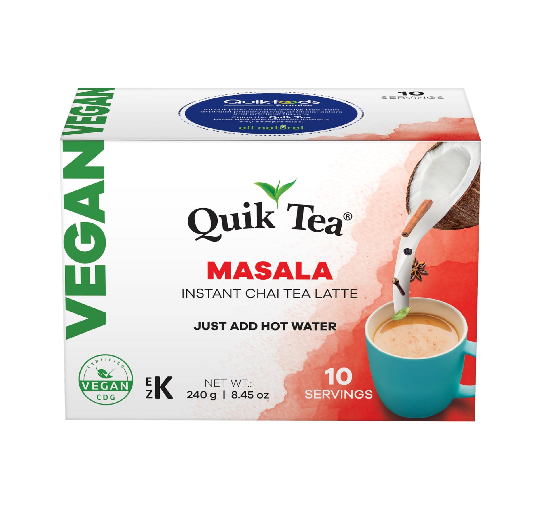 Quik Tea Vegan Masala Chai Tea Latte Mix - Dairy Free Instant Tea - 10 Count Box
