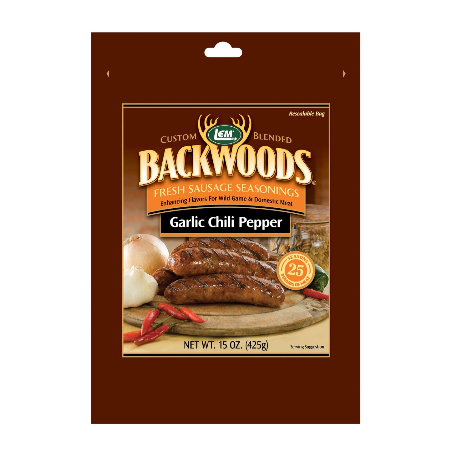 LEM Backwoods Garlic Chili Pepper Sausage Seasoning, 15 Ounce Packet, Ideal for Wild Game and Domestic Meat, Model 9143