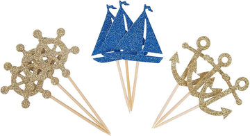 24 Pcs Nautical Theme Glitter Cupcake Picks Cupcake Toppers Food Fruit Picks For Decoration Party Favors
