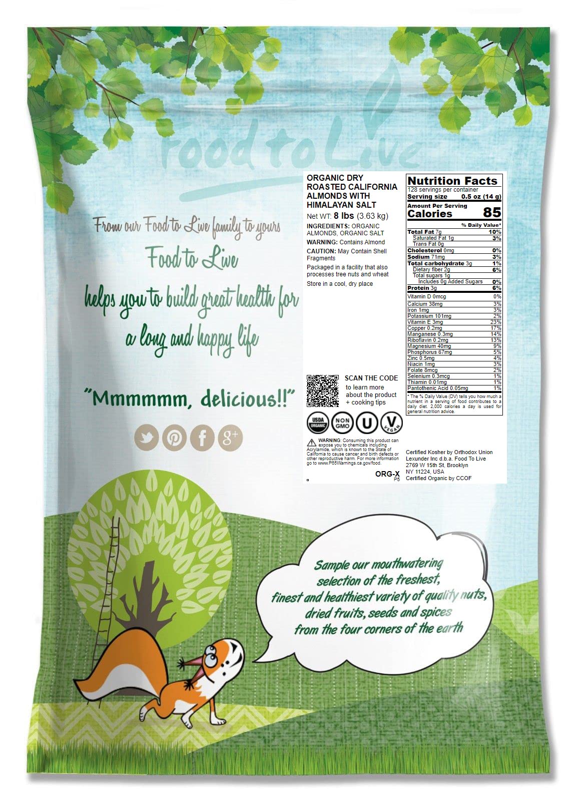 Food to Live Organic Dry Roasted Whole Almonds with Himalayan Salt, 8 Pounds Non-GMO, Oven Roasted, Lightly Salted, No Oil Added