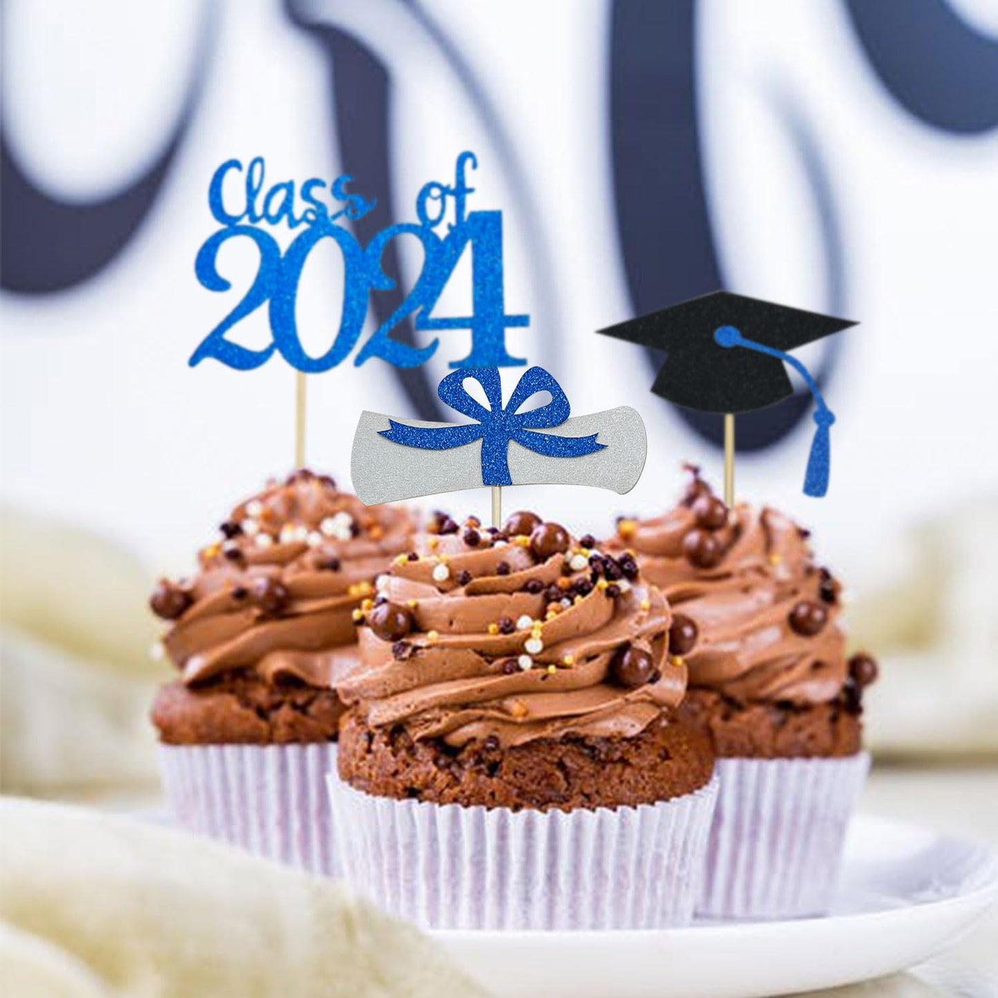 2024 Glittery Graduation Cupcake Toppers (48 Pieces) Class Of 2024 Graduation Cap Diploma Cupcake Toppers For Graduation Party,