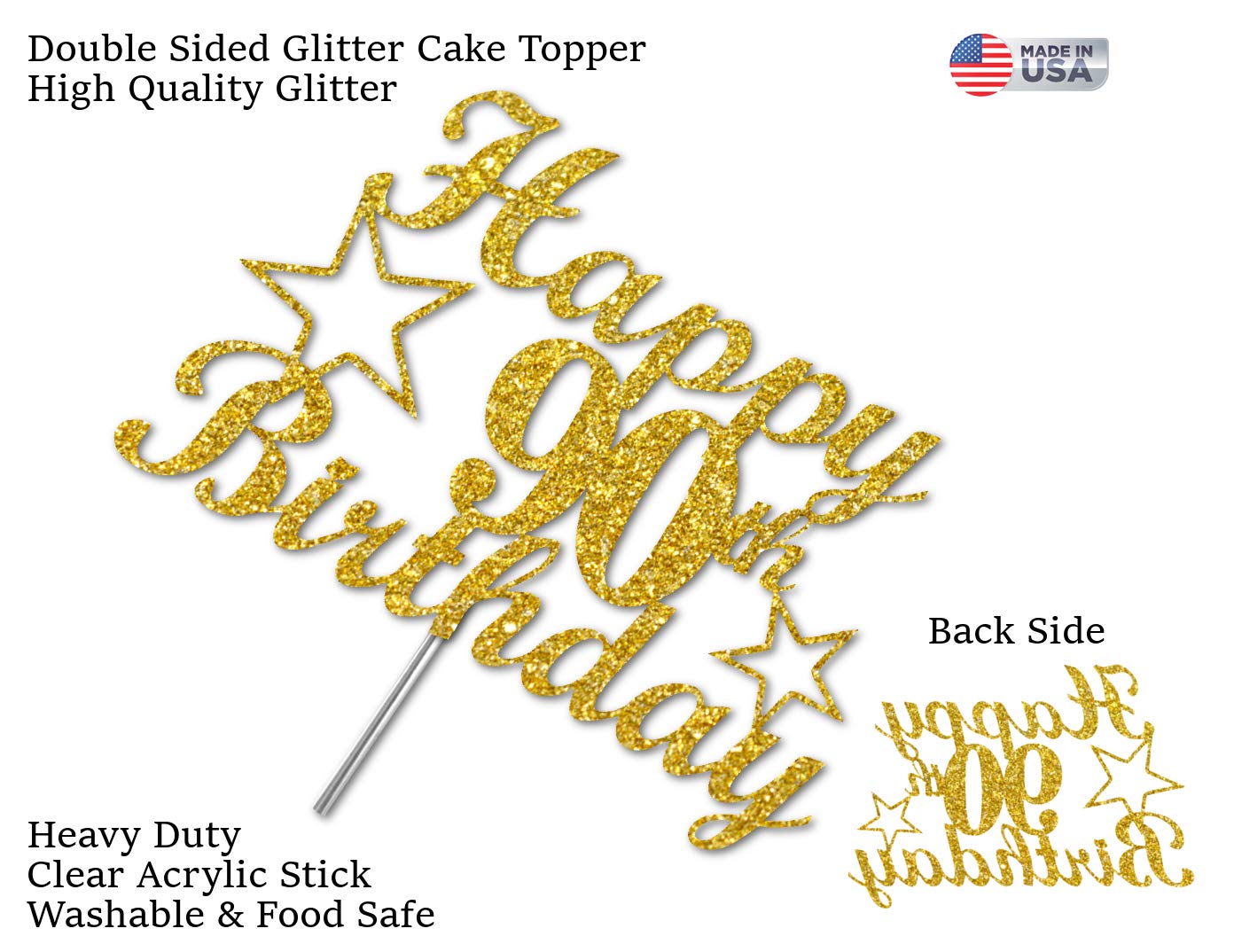 90 Birthday Cake Topper Gold Glitter, Party Decoration Ideas, Premium Quality, Sturdy Doubled Sided Glitter, Acrylic Stick. Made