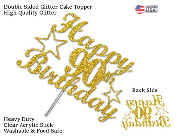 90 Birthday Cake Topper Gold Glitter, Party Decoration Ideas, Premium Quality, Sturdy Doubled Sided Glitter, Acrylic Stick. Made