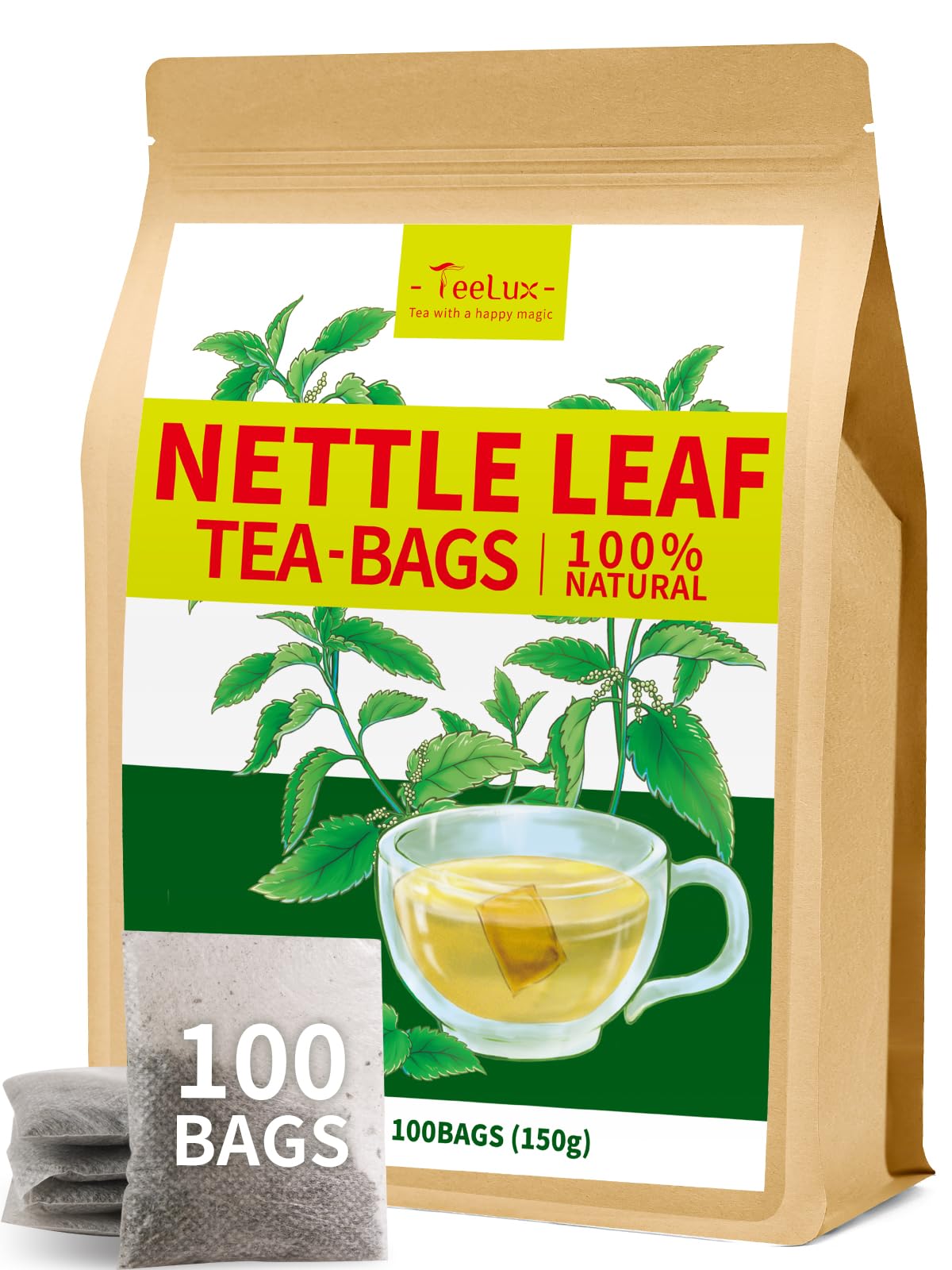 TeeLux Nettle Leaf Tea Bags, Caffeine Free Herbal Tea, Mild & Smooth Taste, 100 Count